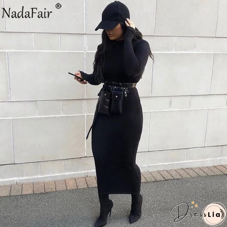 Christmas Gift Nadafair Sexy Women Dress Long Sleeve Turtleneck Autumn Winter Solid Casual Basic Black White Bodycon Slim Maxi Dress For Women