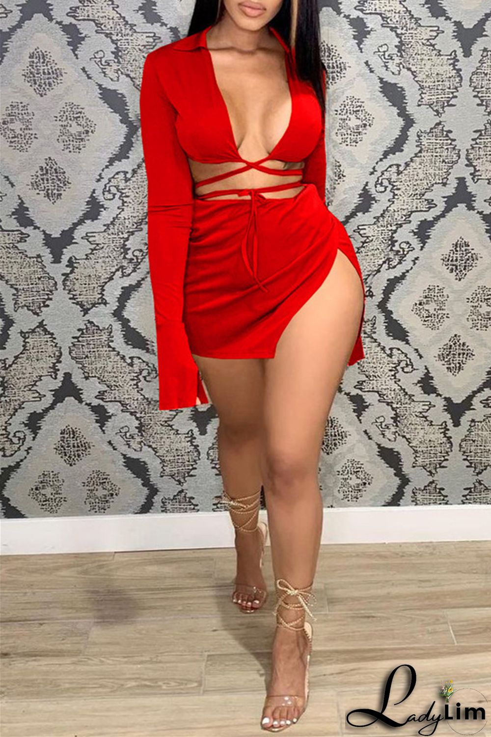 Yellow Fashion Sexy Solid Bandage Slit V Neck Long Sleeve Two Pieces