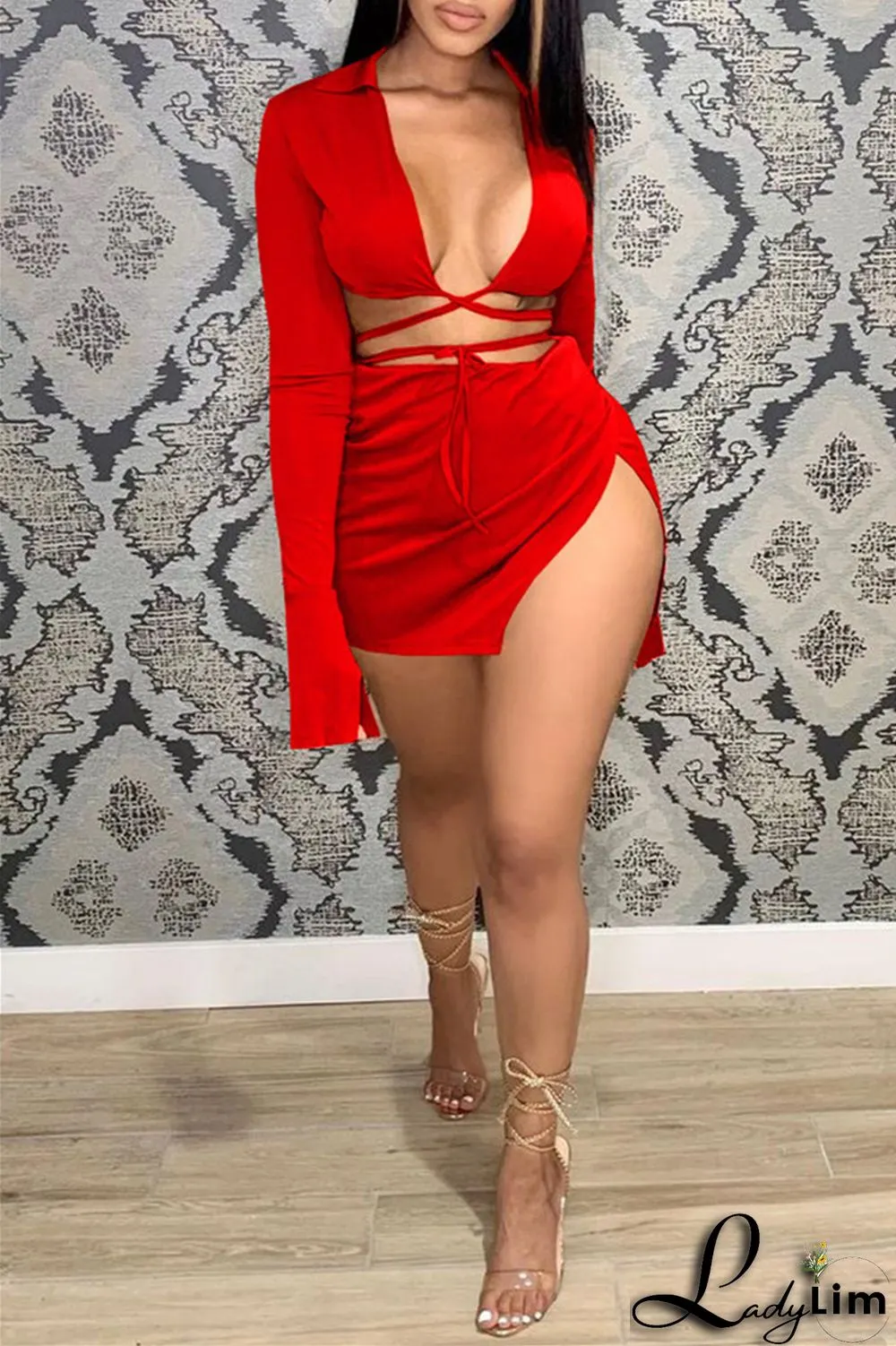 Yellow Fashion Sexy Solid Bandage Slit V Neck Long Sleeve Two Pieces