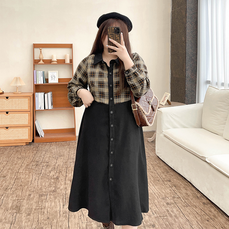 Vintage Chic Brushed Plaid Layered-Style Slimming Plus Autumn Dress