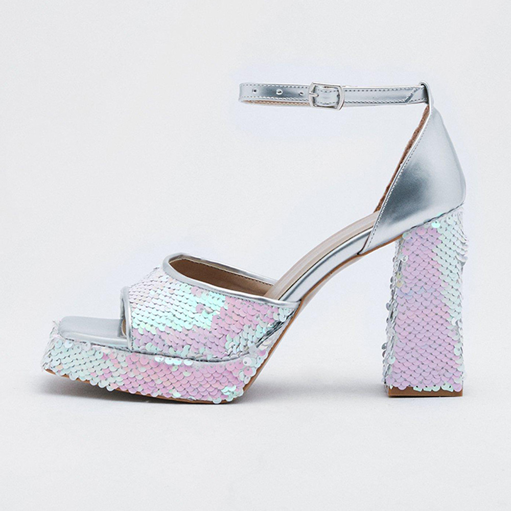 Silver Patent Leather Square Toe 4'' Chunky Heel Ankle Strappy Sandals Nicepairs