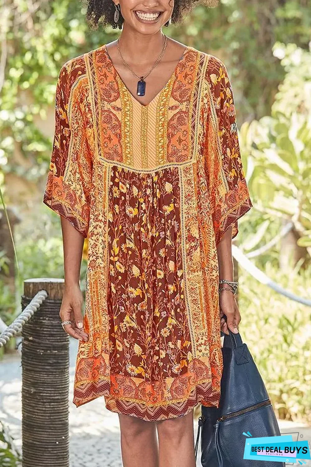 Bohemian Floral Print V-neck Half Sleeves Holiday Midi Dress