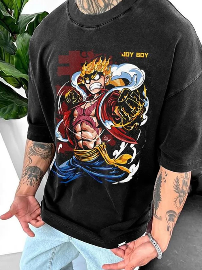Oversized washed batik anime print T-shirt