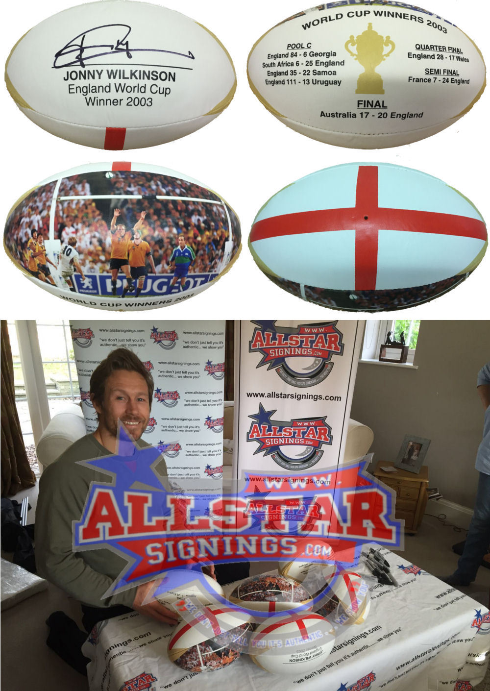 JONNY WILKINSON SIGNED ENGLAND WORLD CUP 2003 RUGBY BALL COA & Photo Poster painting PROOF