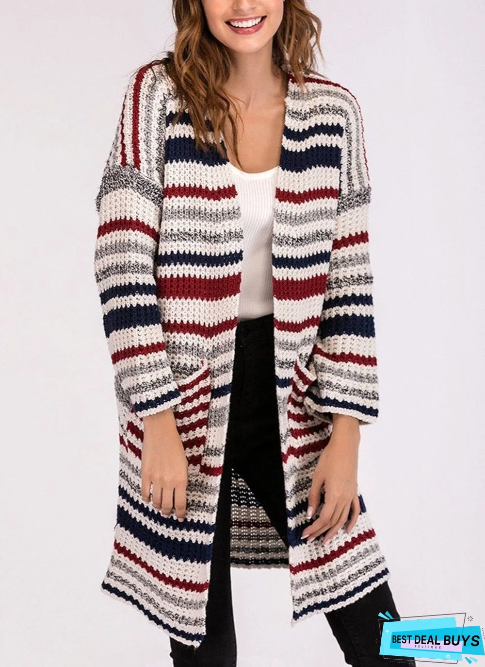 Ladies Colorful Striped Long-Sleeved Woolen Cardigan