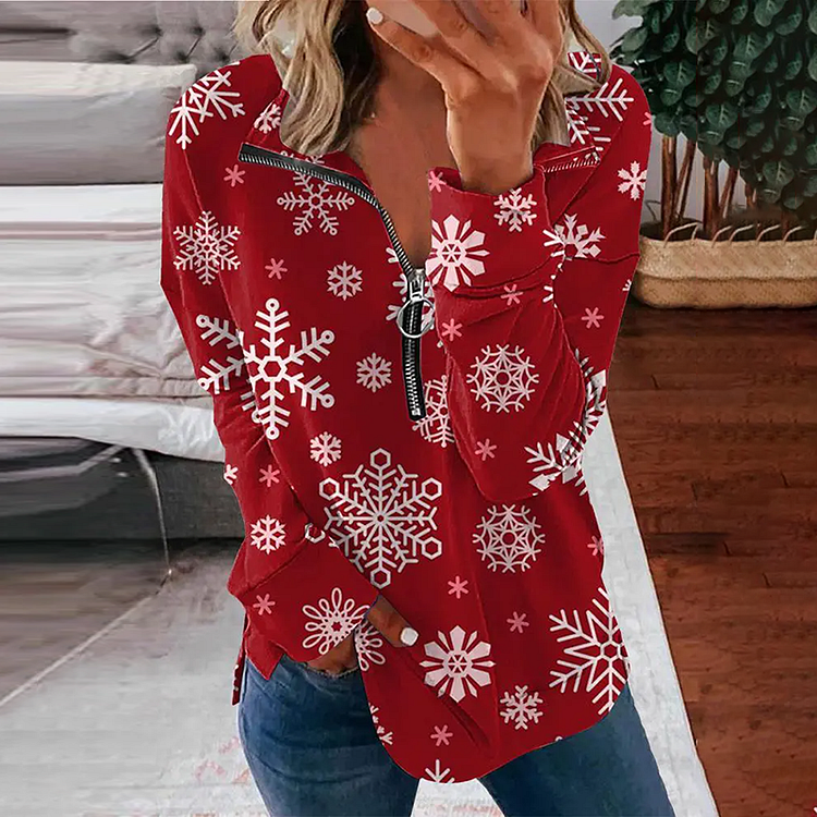 Wearshes Snowflake Print V-Neck Zipper Casual Sweatshirt