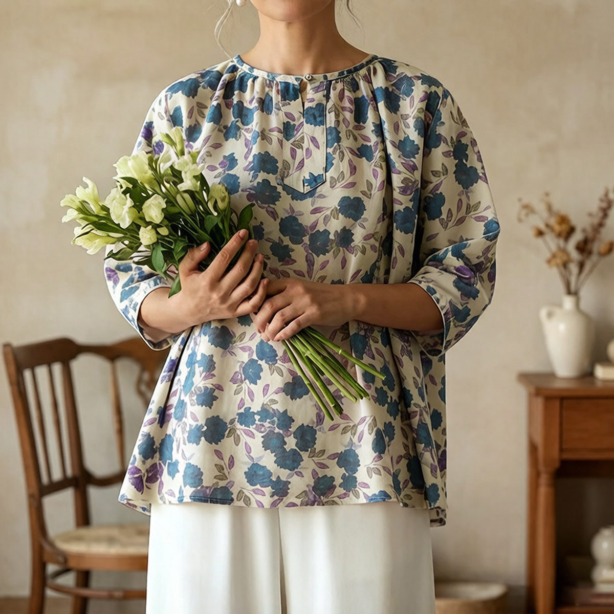 Women's Sweet Floral Art Linen Blend Blouse artswardrobe