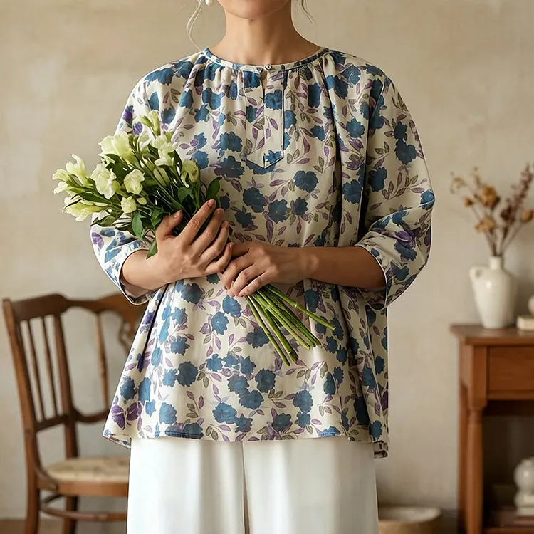 Women's Sweet Floral Art Linen Blend Blouse