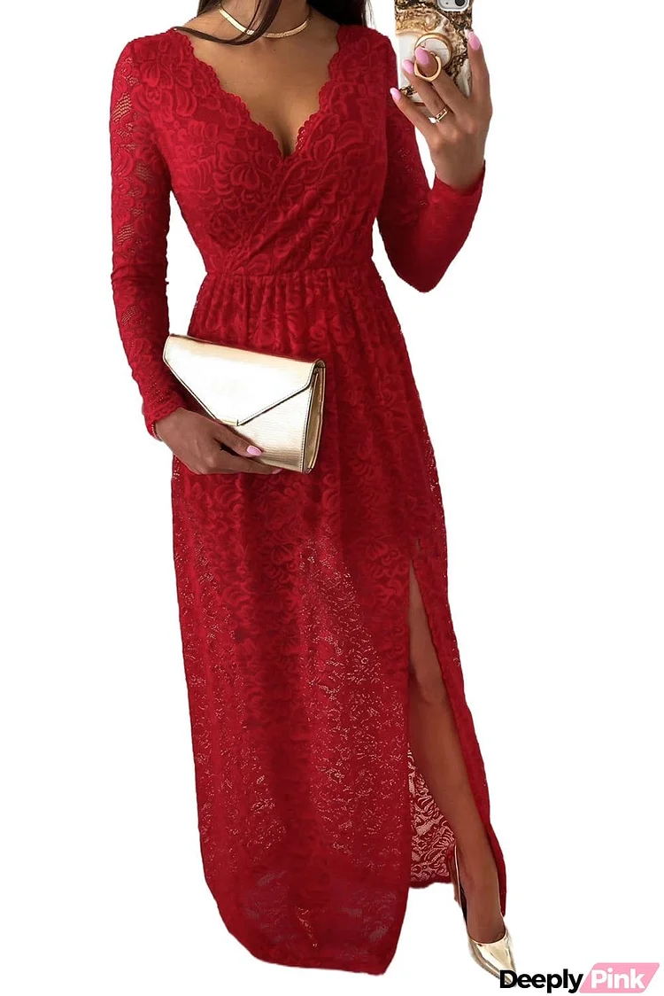 Long Sleeve V Neck Lace Maxi Dress with Split