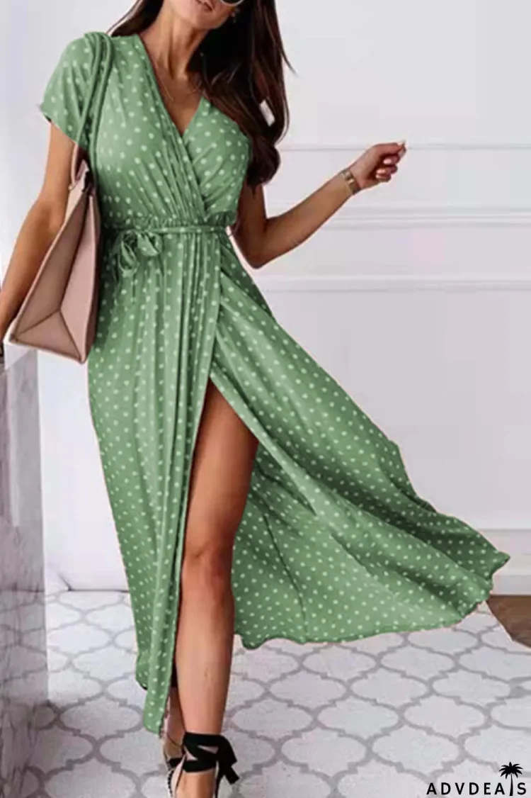 Fashion Elegant Polka Dot Frenulum Slit V Neck A Line Dresses(4 Colors)