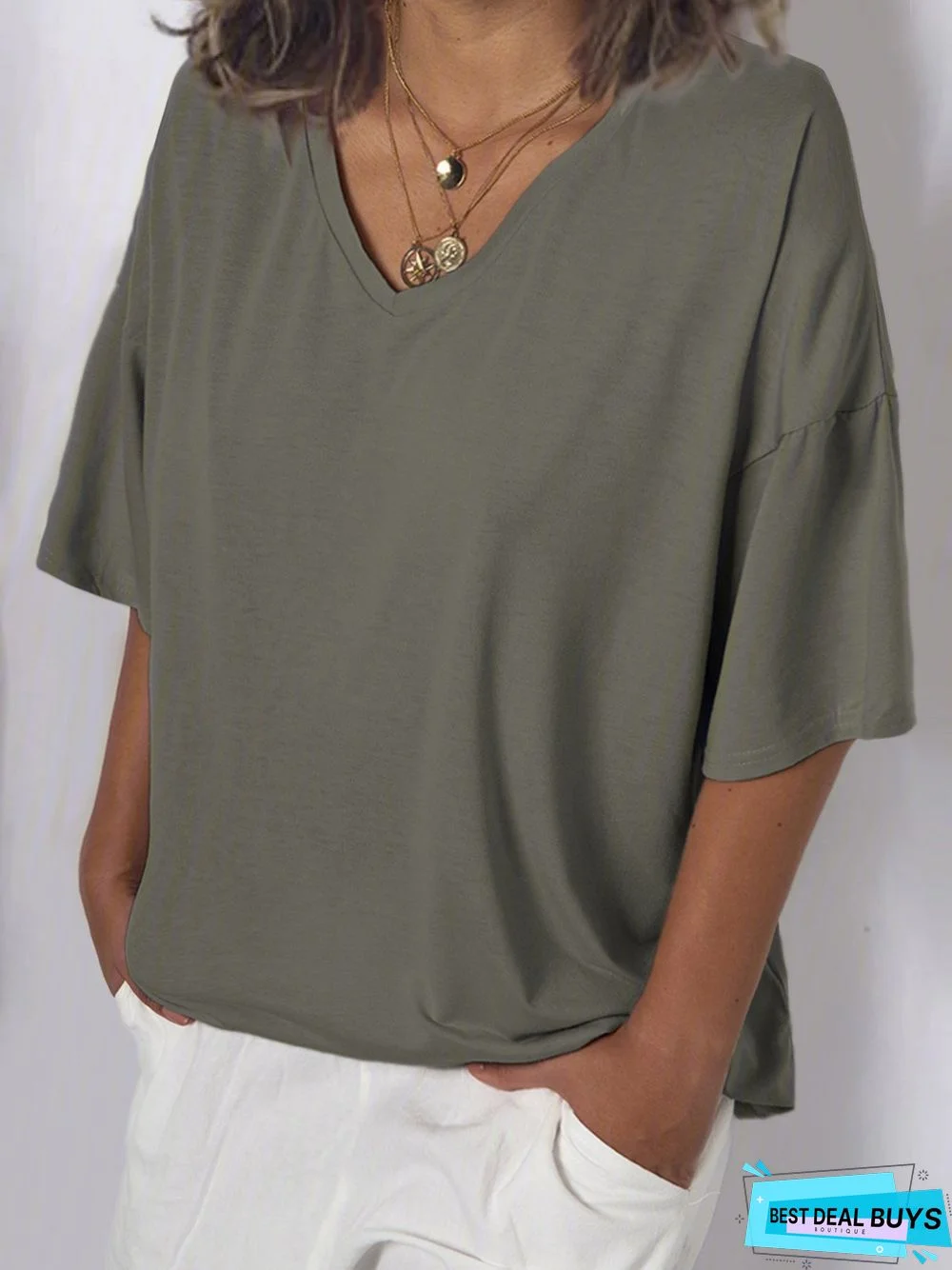 Women V Neck Cotton T Shirt Top Tunic