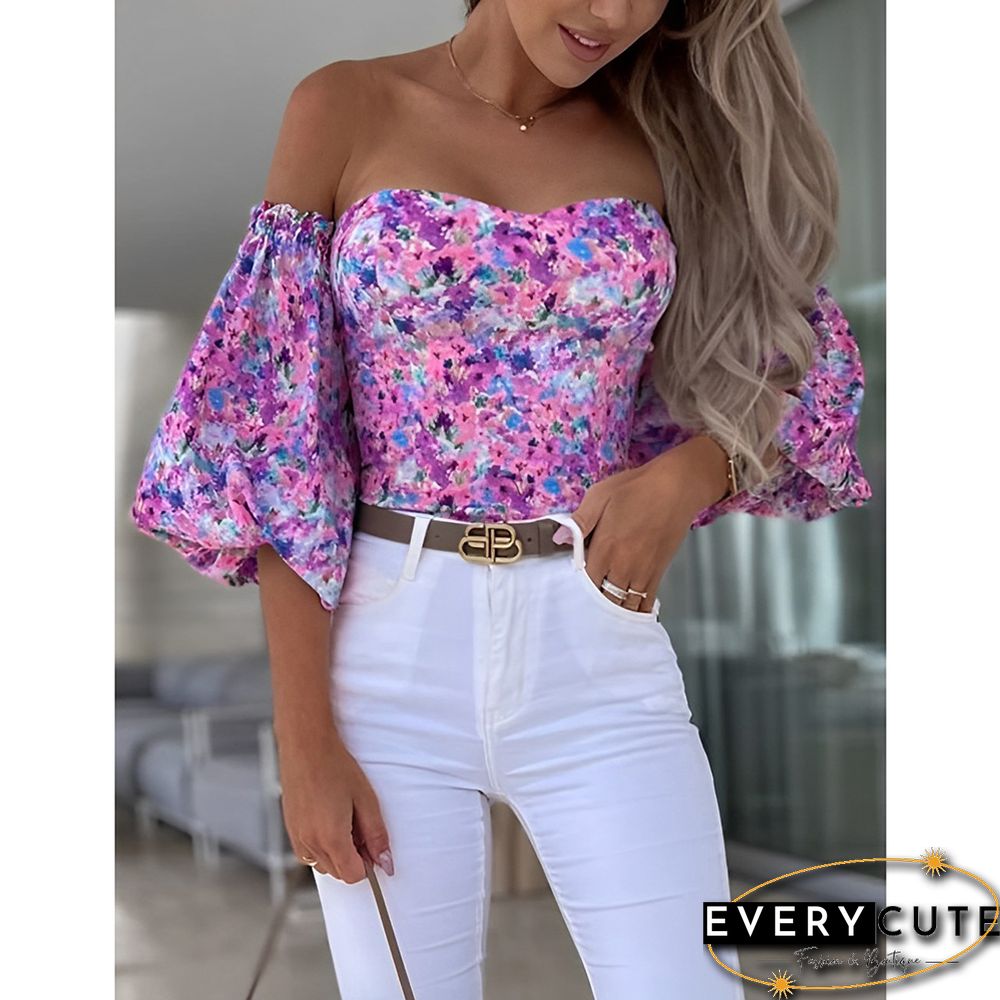 Light Purple Floral Print Off Shoulder Puff Sleeves Tops