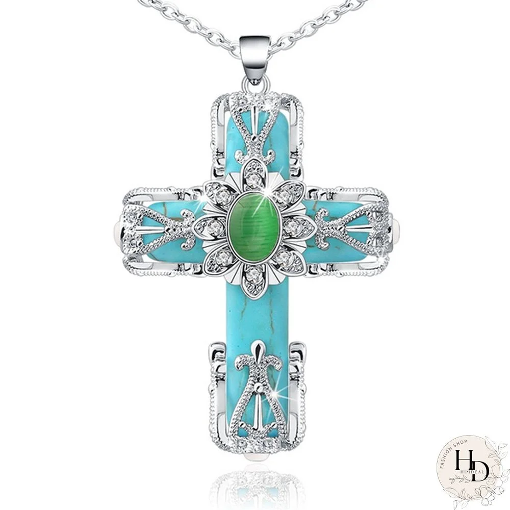 Turquoise Necklace, Cathedral Cross Necklace, Cross Pendant, Turquoise Jewelry, Faith Necklace, Religious Jewelry