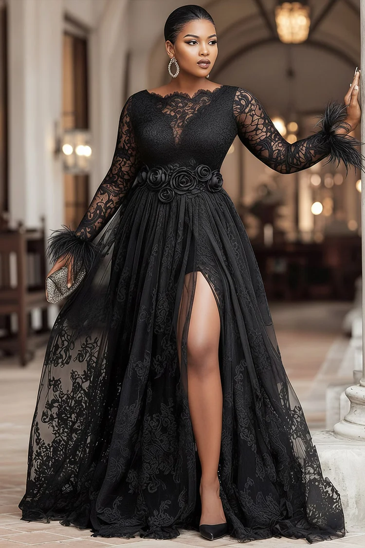 Xpluswear Design Plus Size Formal Black Boat Neck Long Sleeve 3D Elegant Feather Lace Maxi Dresses 2024 - Xpluswear