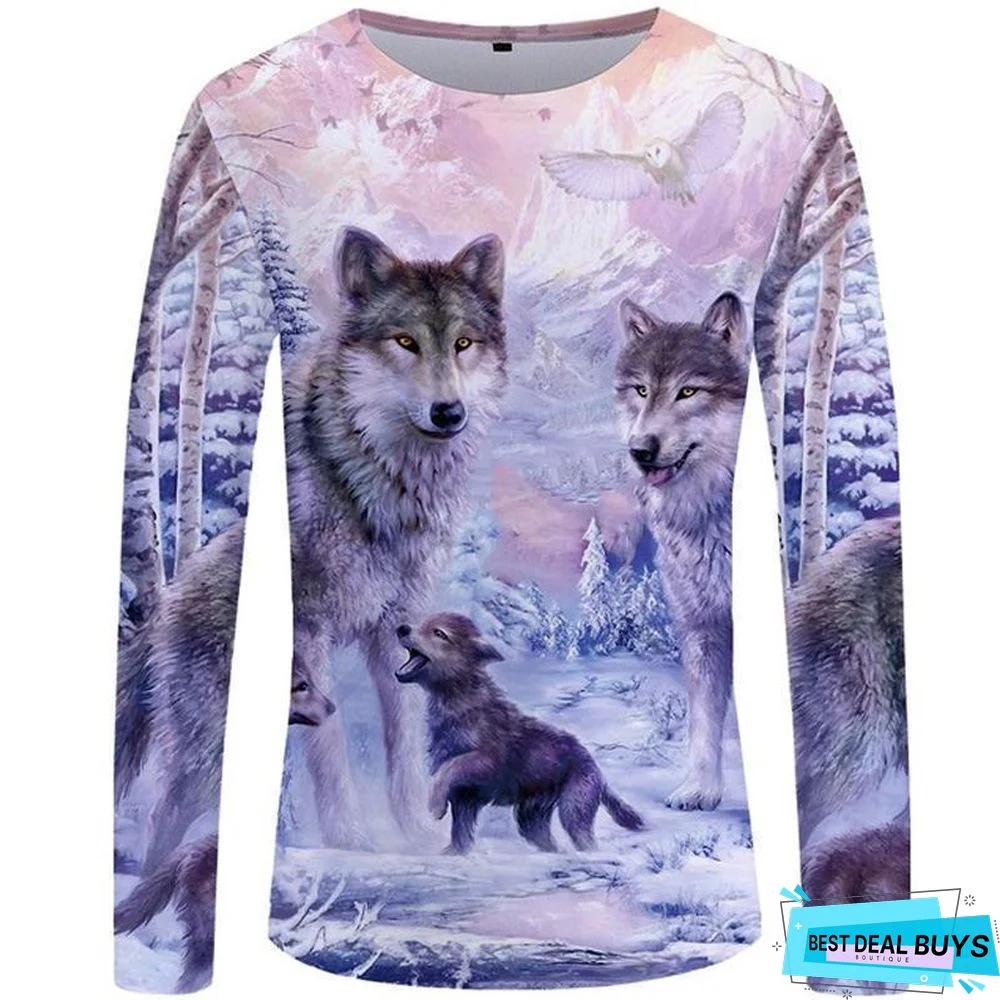Wolf T-Shirt Men Long Sleeve Shirt Love Streetwear Snow Graphic Mountain Clothes Jungle 3D T-Shirt