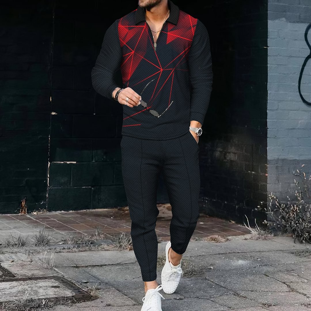 Men's  Abstract Geometric Gradient Long Sleeve Polo Shirt And Pants Co-Ord