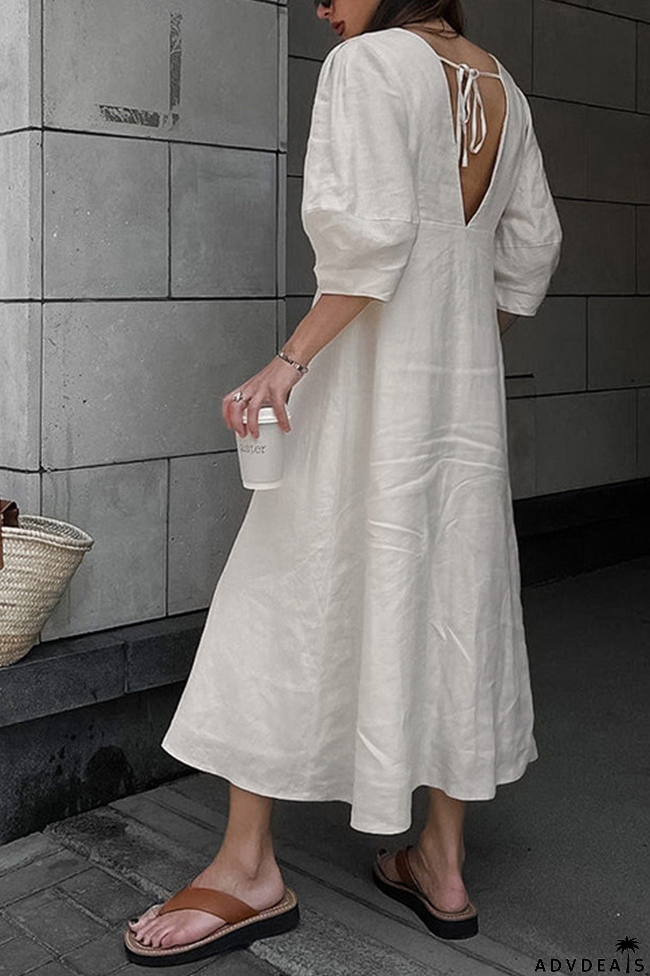 V Neck Single-breasted Cotton Linen A-line Dress