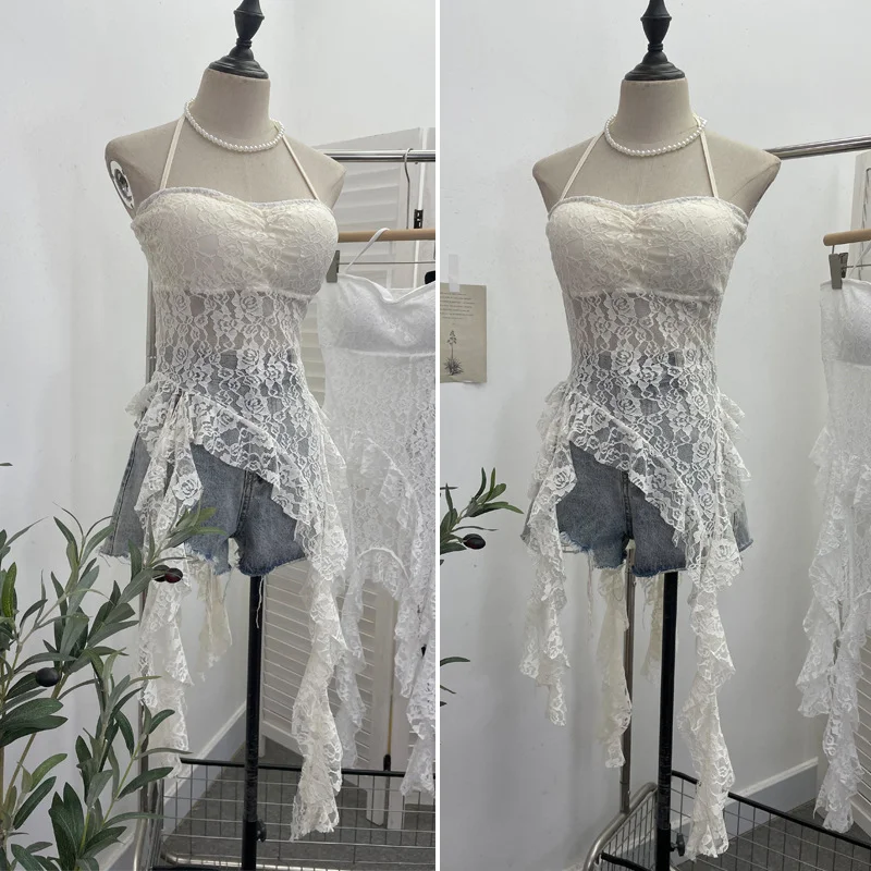 Churchf Real Patted Neck Lace Breast Pad Sling Sling Sling Waist Sling Babes Design Feeling Ribbon Mid-Long Blouse 66669