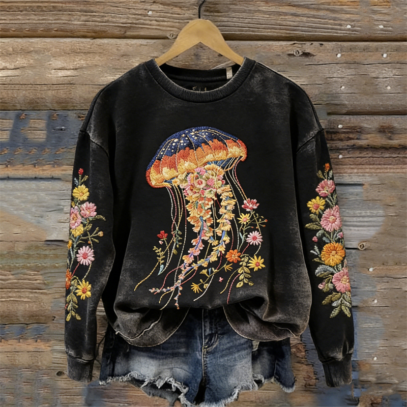 Classy Floral Jellyfish Floral Art Washed Sweatshirt wearshes