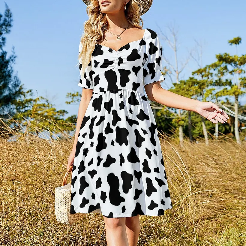 SFNEEWHO Black White Cow Print Dress Women Boho High Waist Flared Puff Sleeve Cute Sweetheart Midi Dress