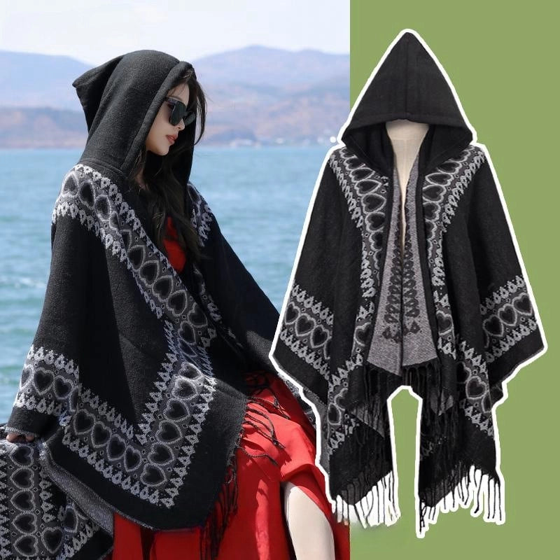 Ethnic Style Hooded Cape Women’s Yunnan Tibet Western Sichuan Grassland Bohemia Travel Wear Scarf Coat