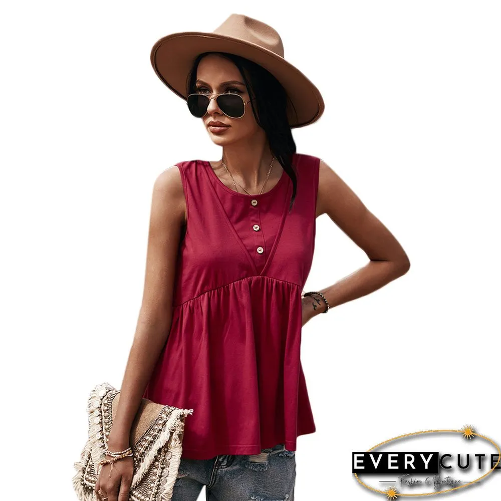 Wine Red Solid Buttoned Knit Loose Tank