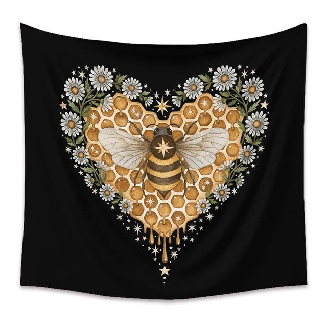 Bee Butterfly Flower Plant Tapestry Wall Hanging Black Background Cloth Moon Sun Tapestry For Farmhouse Decoration tapestry