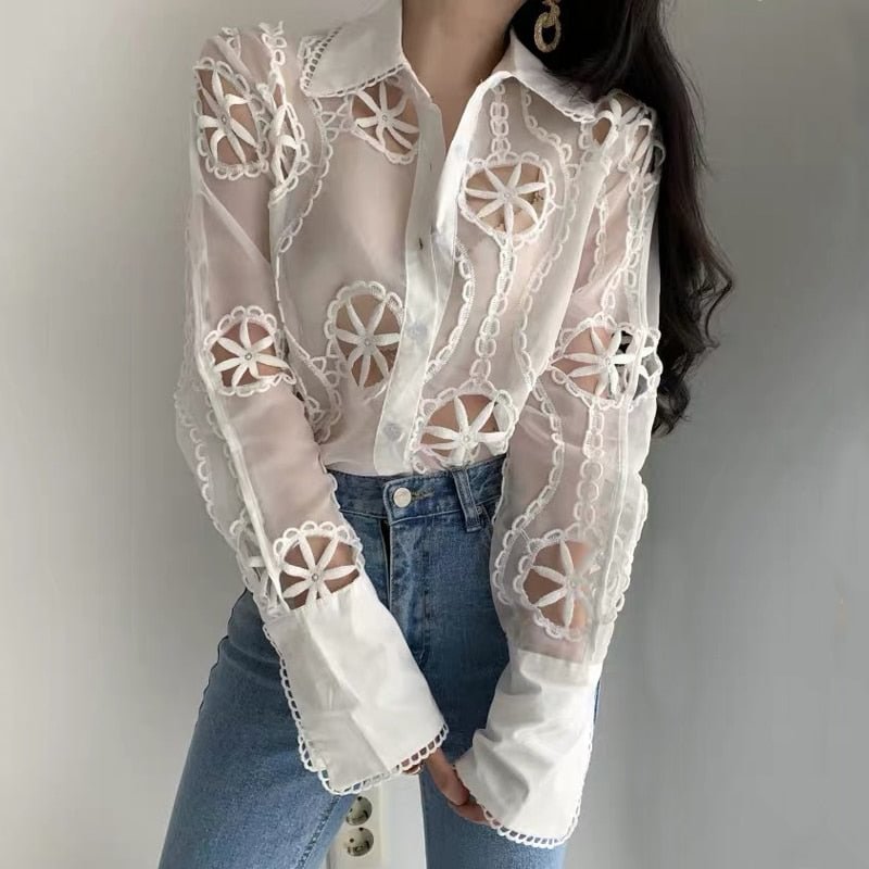 Lady Sexy See Through Long Sleeve Loose White Blouse Top High Quality Hollow Out Floral Embroidery Elegant Shirt New Trend 13369