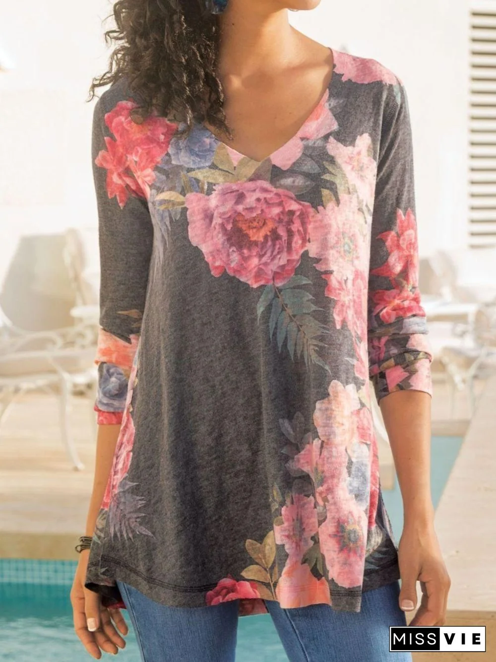 Cotton-Blend Casual V Neck Floral-Print T-shirt