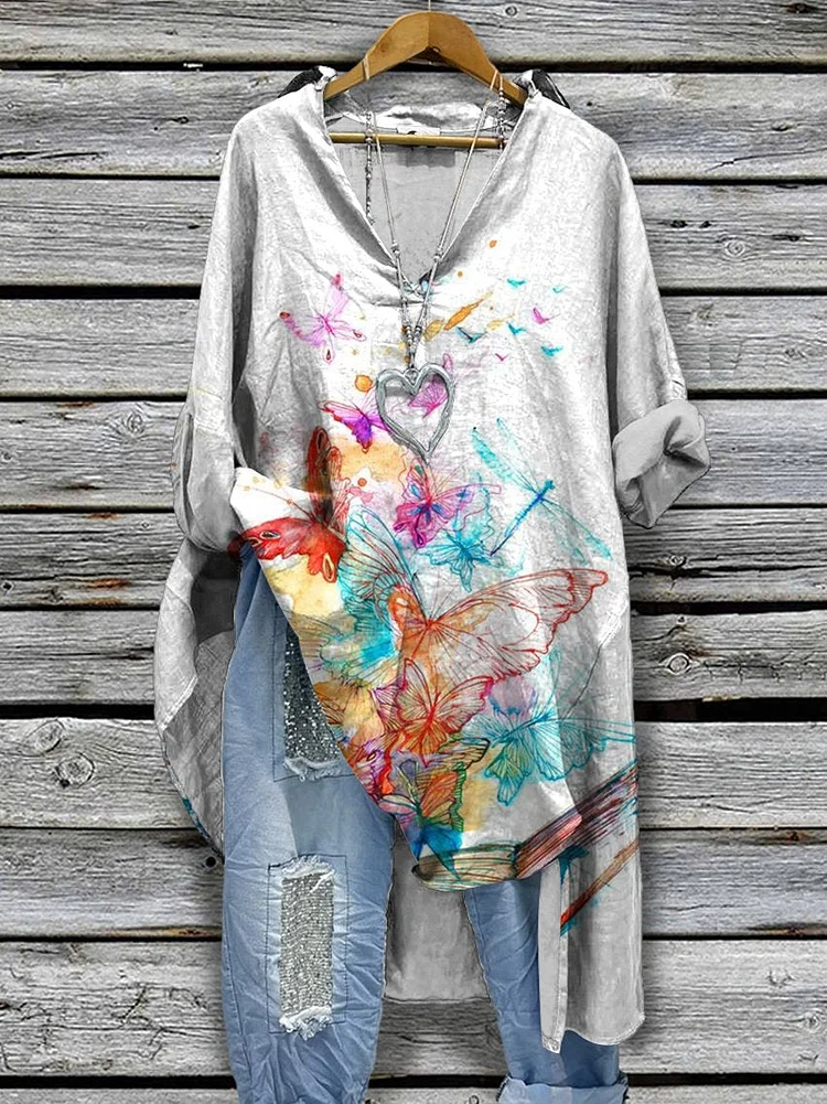 Women‘s Gradient Watercolor Butterfly Print Casual Cotton And Linen Shirtdress