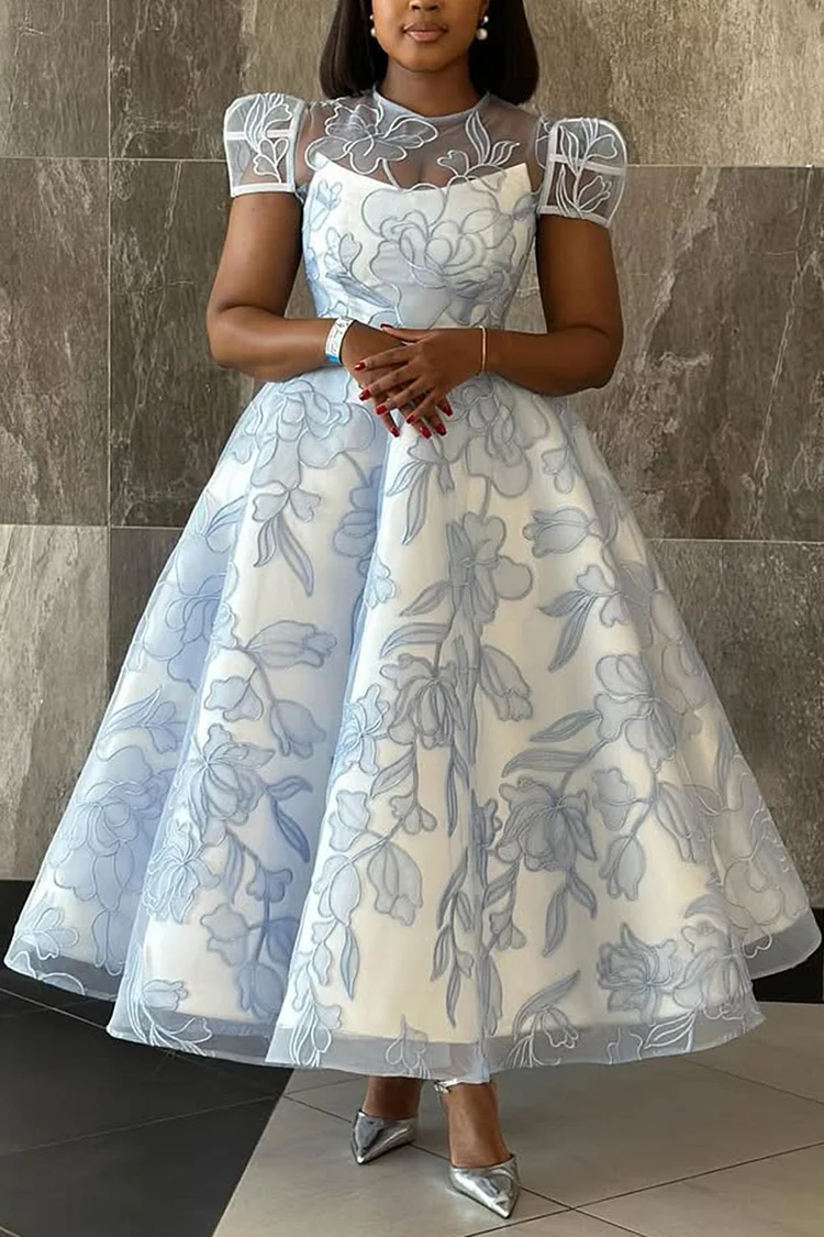 Plus Size Formal Blue Elegant Floral Round Neck Cap Sleeve Short Sleeve See Through Organza Maxi Dresses [Pre-Order]