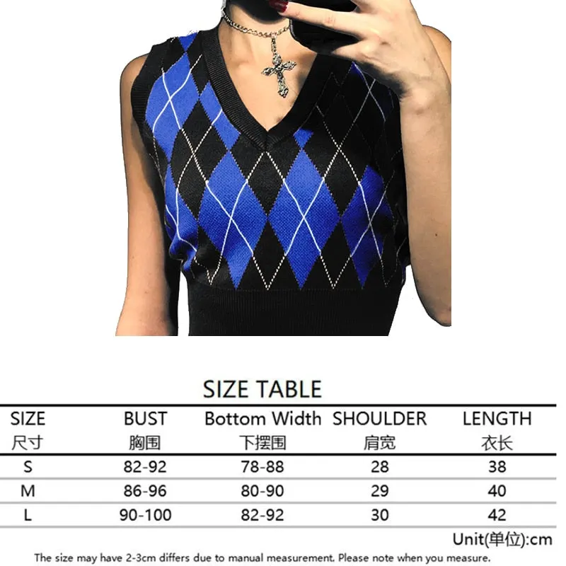 Argyle Sweater Vest Women  Black Sleeveless Plaid Knitted Crop Sweaters Casual Autumn Preppy Style 2020 tops V Neck Vintage