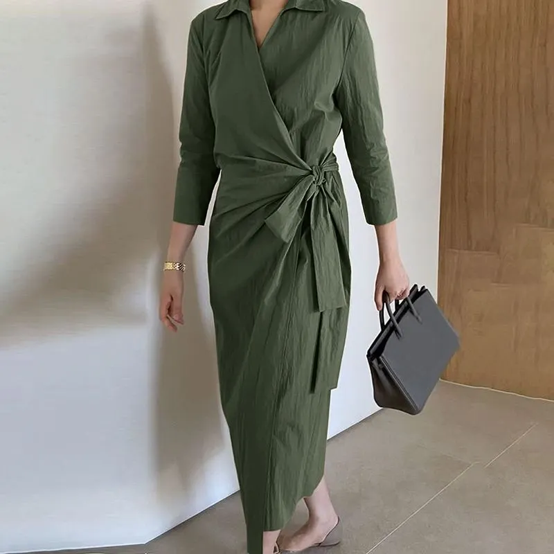 ZANZEA Elegant Women Lapel Neck 3/4 Sleeve Solid Mid-calf Dress Fashion Spring Lace Up Work Party Vestidos  OL Sundress