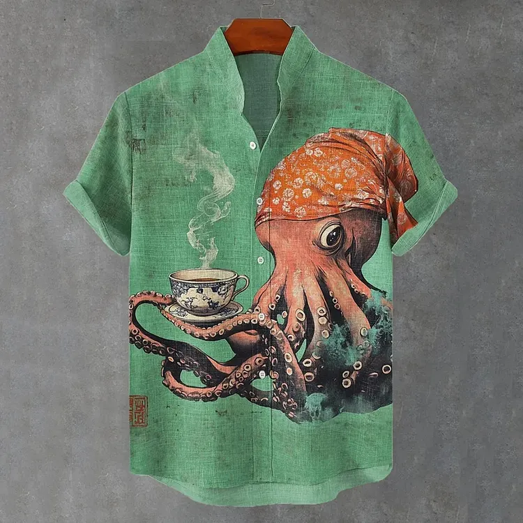 Men's Retro Japanese Octopus Print Casual Cotton Linen Short-sleeve Shirt