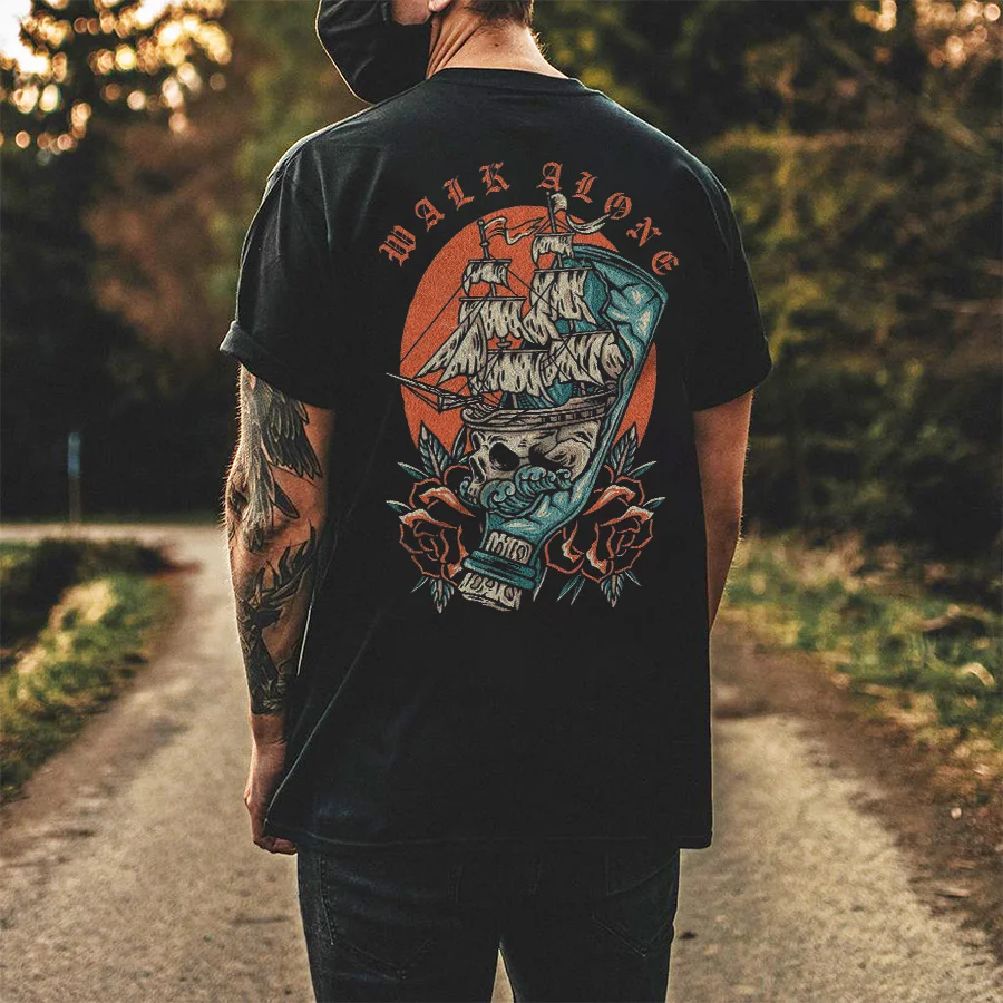 Walk Alone Skull Printed Men's T-shirt