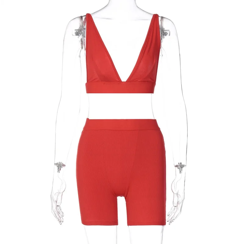 Hugcitar 2021 Sleeve V-Neck Sexy Crop Tank Top Biker Shorts 2 Piece Set Autumn Winter Women Fashion Streetwear Tracksuit