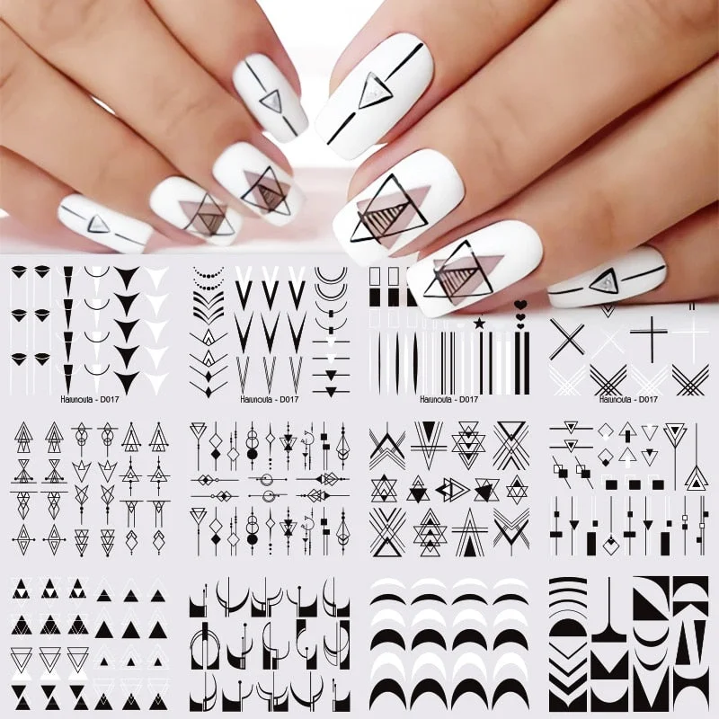 12pcs Geometric Lines Nail Sliders Water Sticker Set Flowers Leaves Design Watercolor Ink DIY Manicures Nail Art Decals Foil