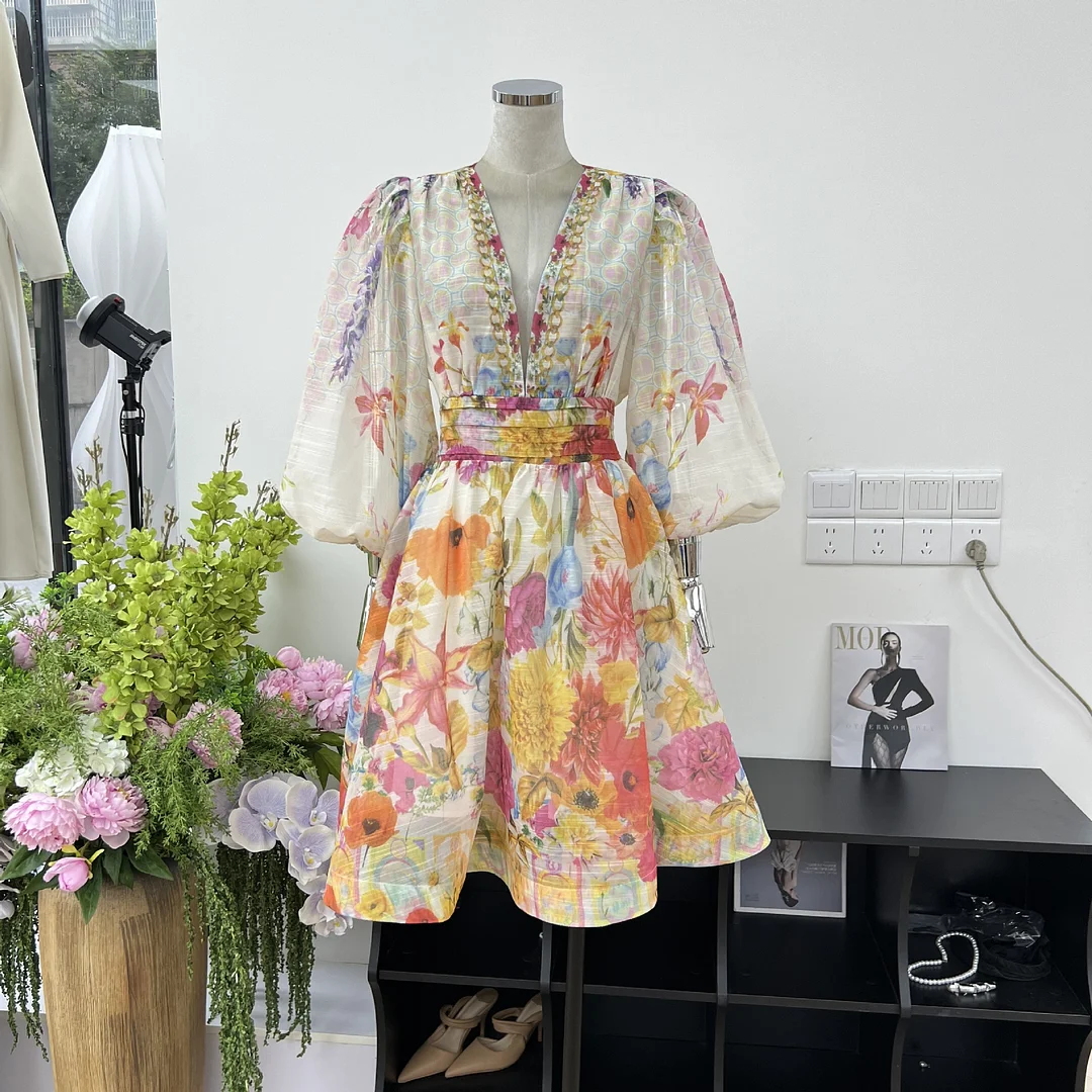 Brownm Small Fashion Summer Silk Shemp Print Deep V Collar Lantern Sleeve Dress Holiday Wind Short Skirt Woman