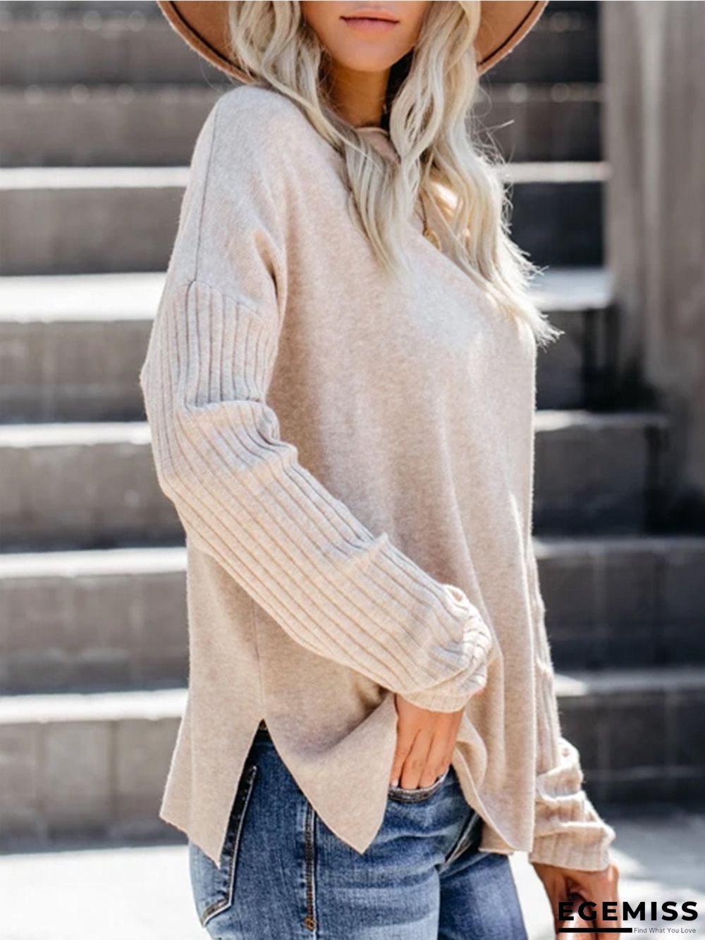 Apricot Solid Knitted Long Sleeve plus size Sweater | EGEMISS