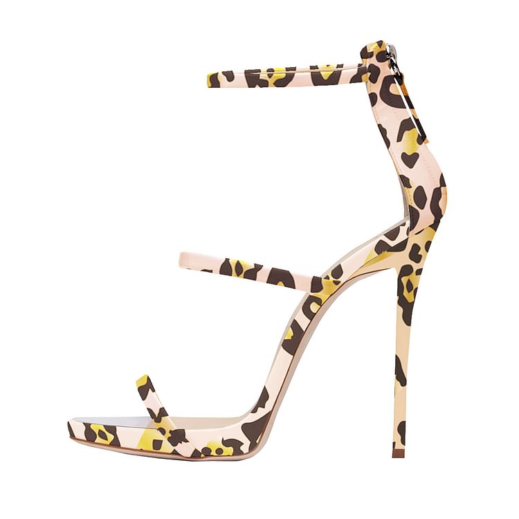 Leopard Print Heels Open Toe Three Straps Stiletto Heel Dressy Sandals |FSJ Shoes
