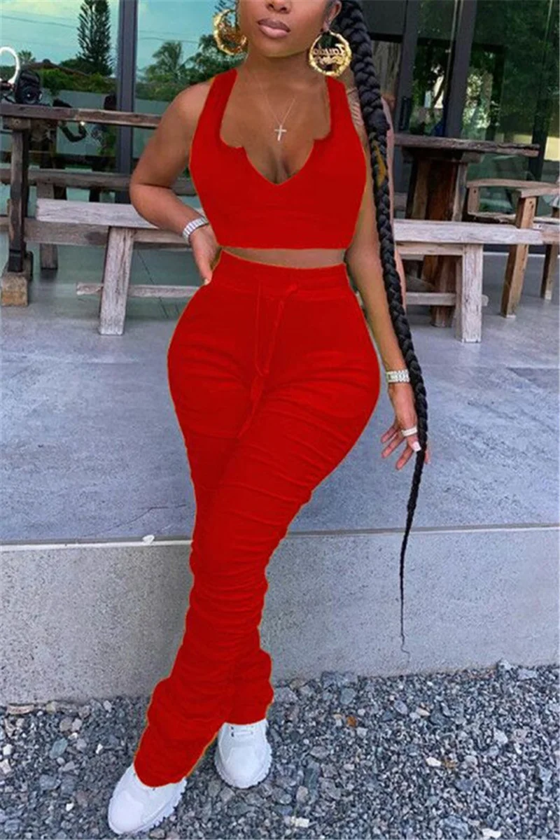 Red venetian Fashion adult England Ma'am Solid Two Piece Suits pencil Sleeveless Two Pieces | EGEMISS