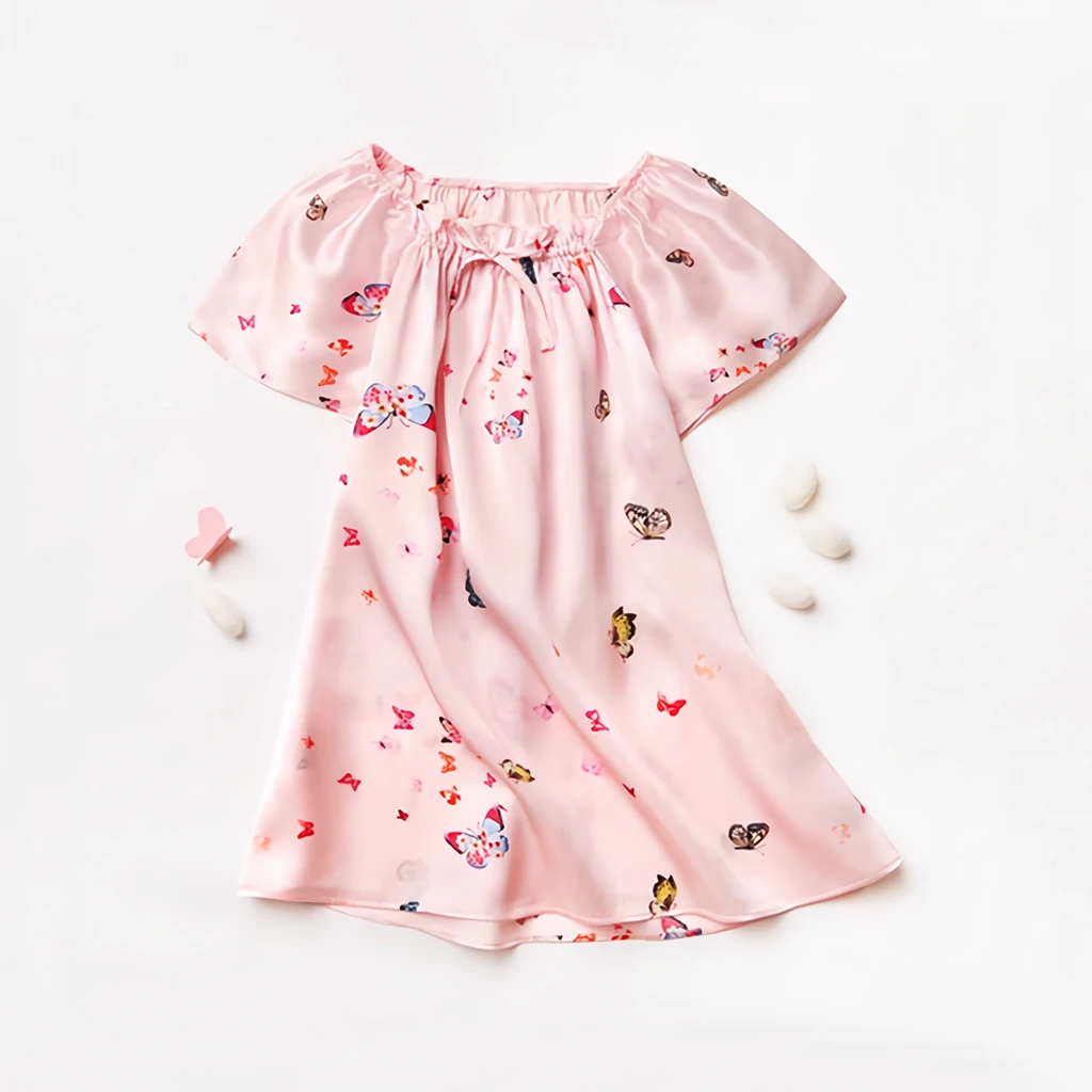 Butterflies Print Baby's Pink Silk Dress REAL SILK LIFE