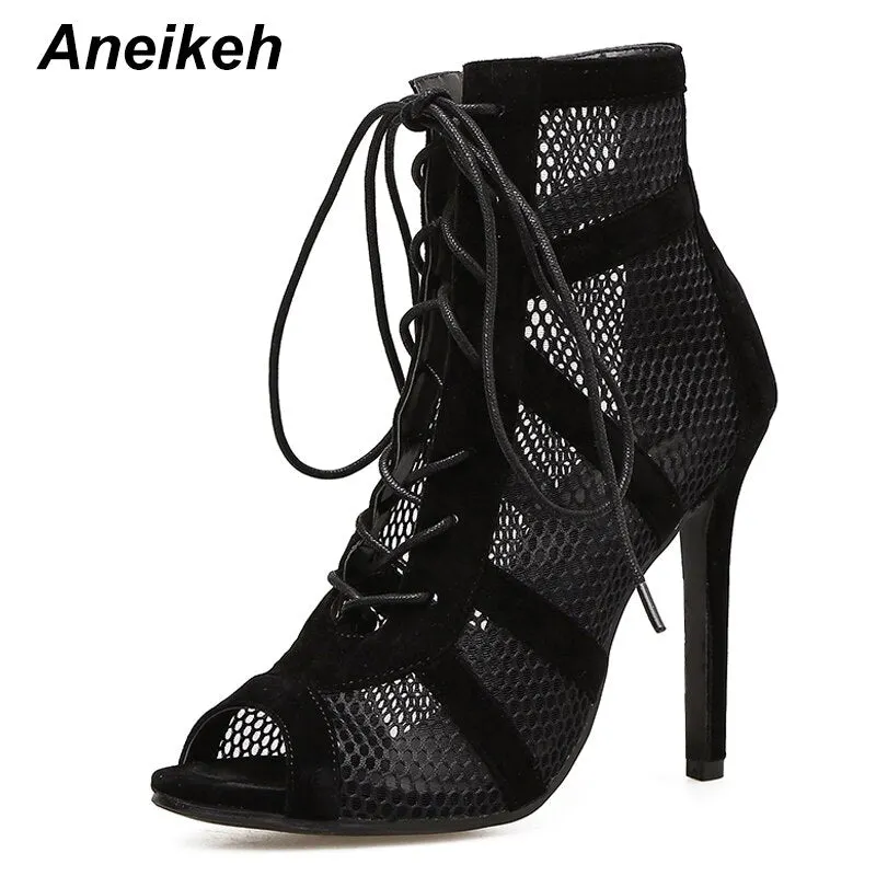 Aneikeh 2021 New Mature Mesh Women Boots Floral Lace-Up Thin High Heels Ankle Pointed Toed Party Wedding Shoes Black Size 35-40