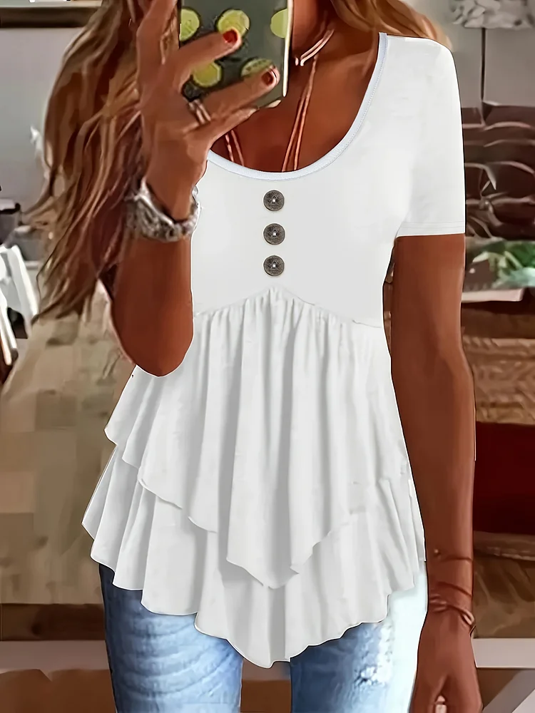 Women's Elegant Blouse - Layered Cake Hem T-Shirt Top, Non-Transparent Smooth Fabric, Everyday & Formal Outfits - Machine Washable Women's Clothing, Versatile Top, Chic Style, Comfortable Fit, Stylish Top, Fashion Lover