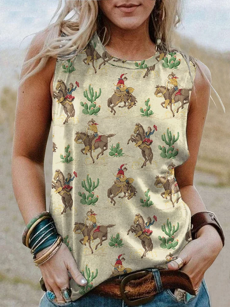 Women's Western Vintage Pattern Printed Round Neck Sleeveless T-Shirt