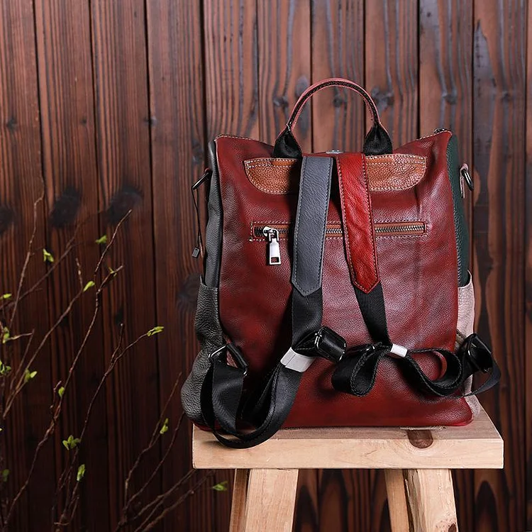 Multicolor Rhomboids Leather Spliced Zipper Backpack
