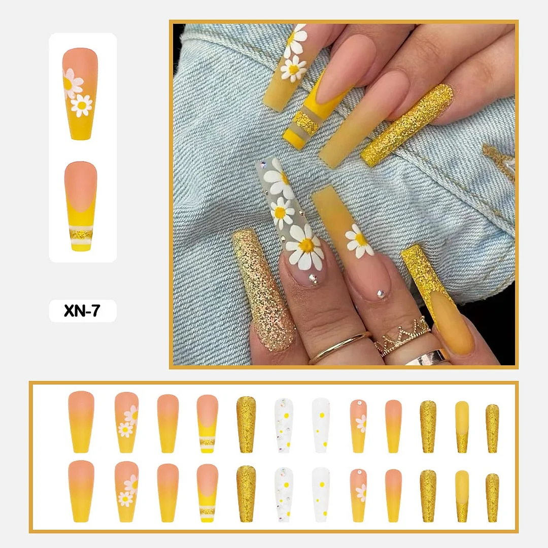 24pcs/box Press On False Nails Long Trapezoid Daisy Broken Flowers Wearable Fakse Nails With Glue and Wearing Tools As Gift-Nail Inspo