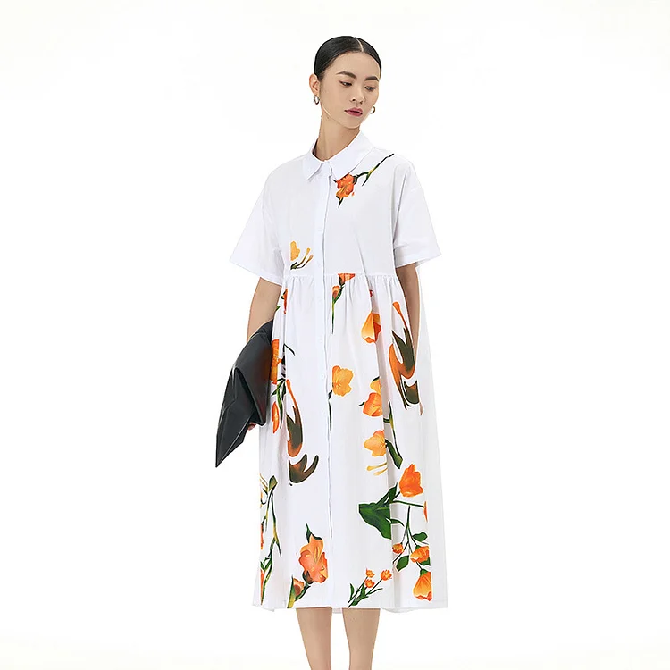 Simple Flower Printed Short Sleeve Midi Dress