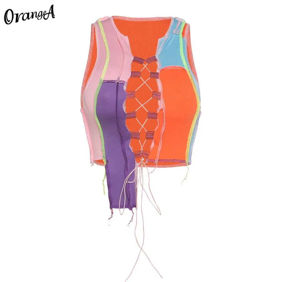 OrangeA Women Ribbed Sexy Hollow Out Clubwear Y2K Top Striped Patchwork Stretchy Bandage Drawstring Sleeveless Party Streetwear