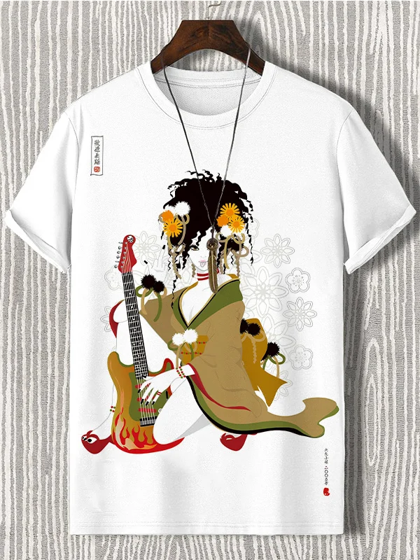 Men's Japanese Geisha Illustration Print Casual T-Shirt